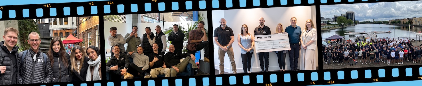 Filmstrip-style collage showing groups of colleagues at events, a team meeting, a cheque presentation, and a large outdoor group gathered by a riverside.