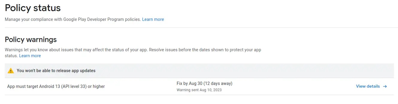 Google Play API 33 Target SDK Policy center