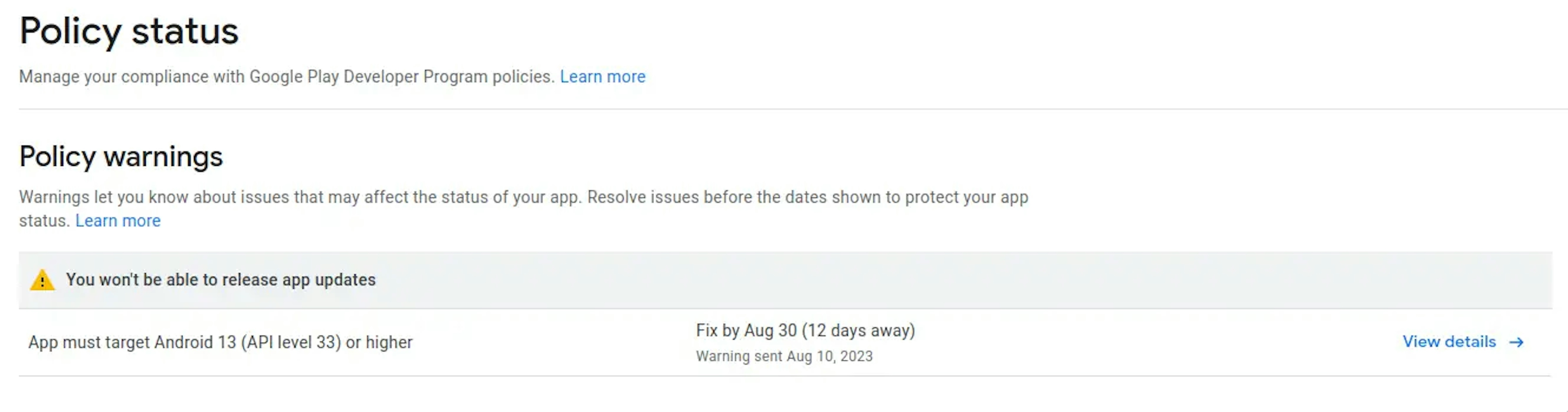 Google Play API 33 Target SDK Policy center