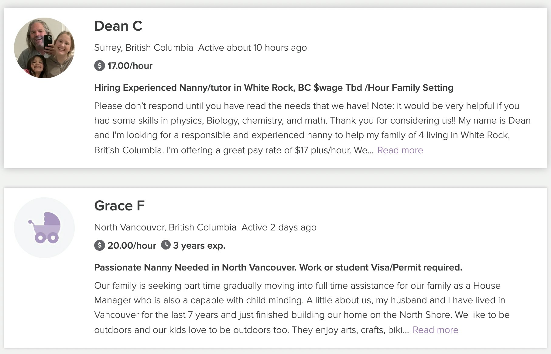 Canadian Nanny Descriptions