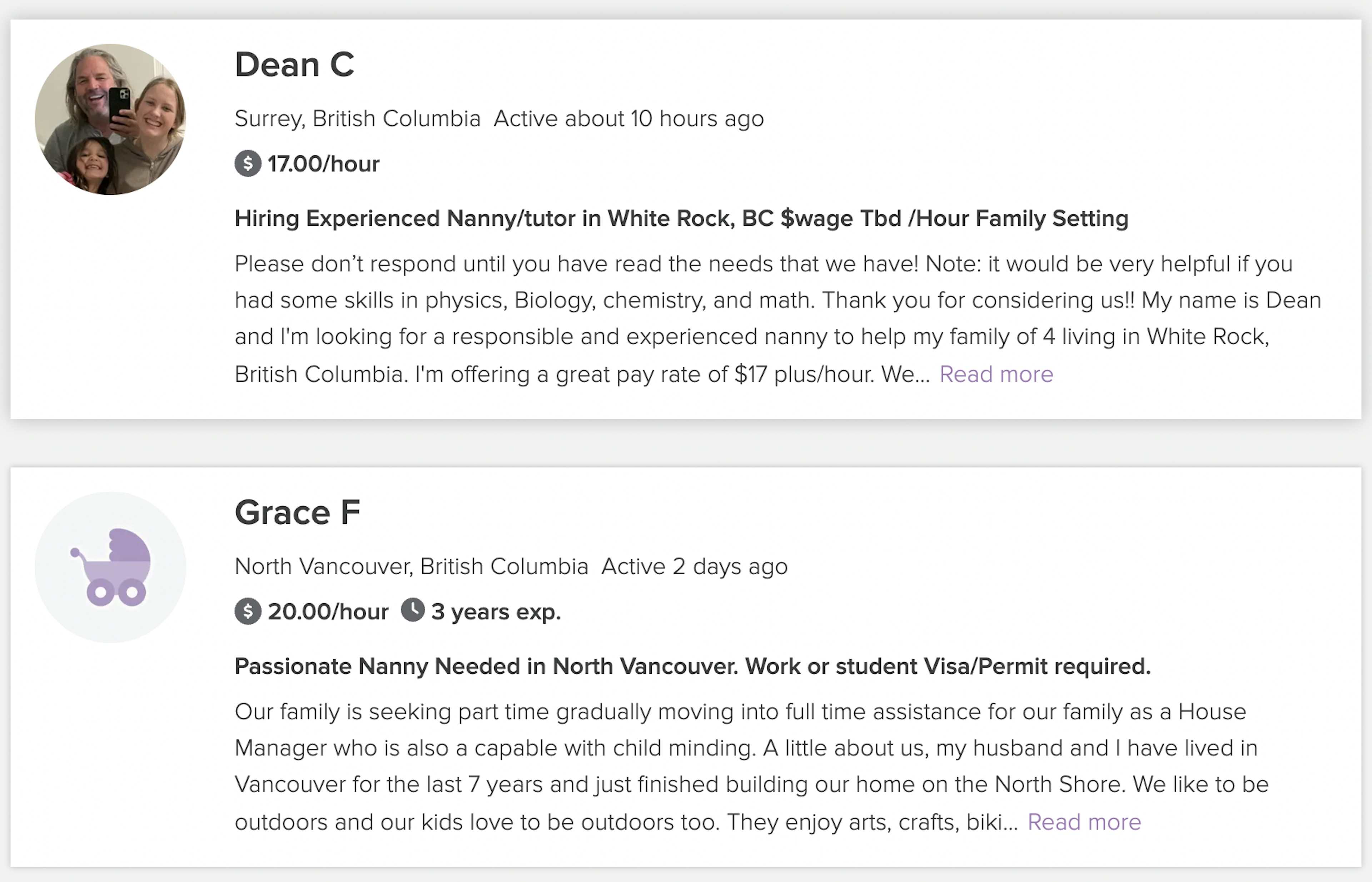 Canadian Nanny Descriptions
