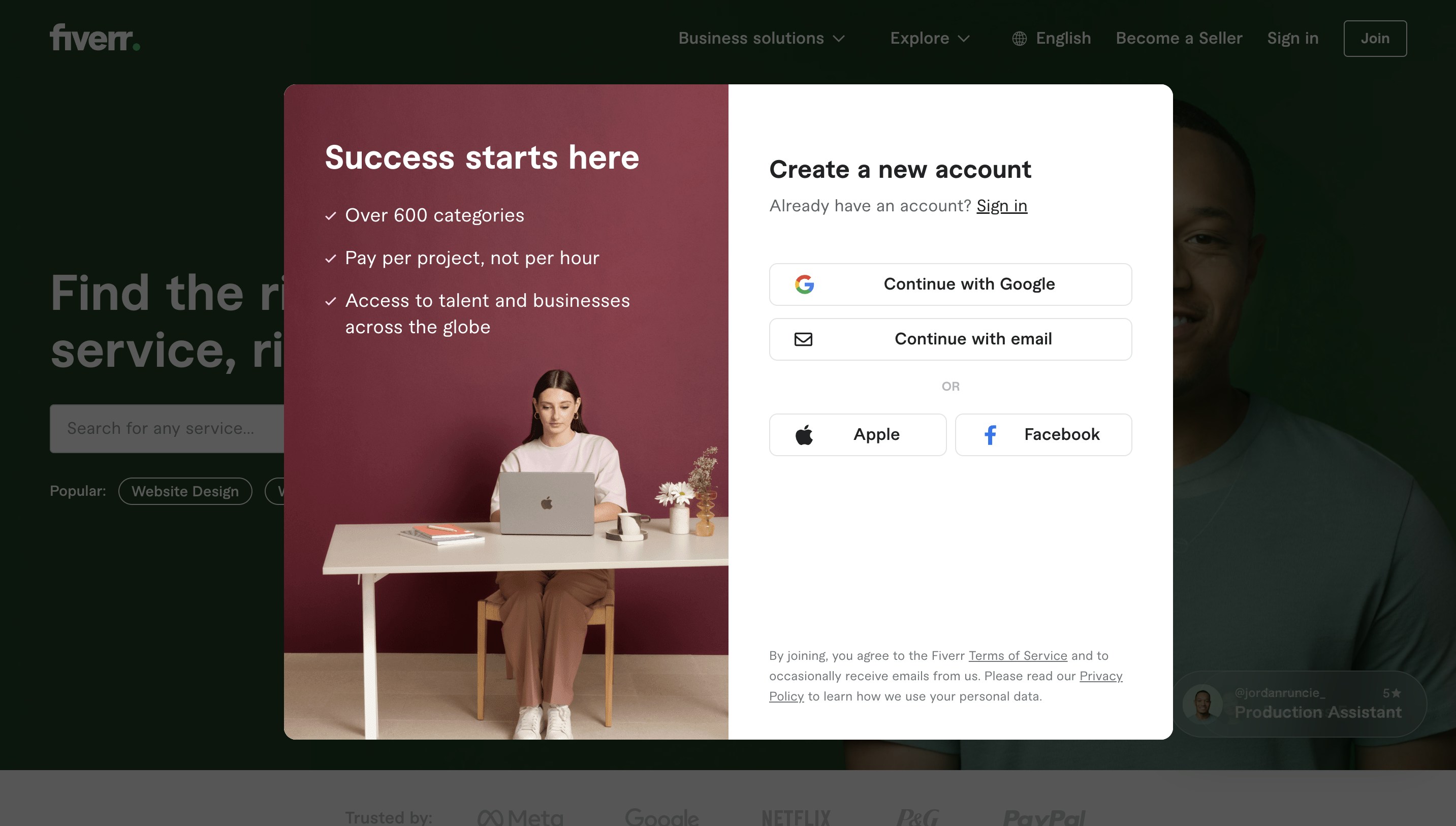 Fiverr surfacing value prior to onboarding flow