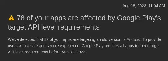 Google PLay's API lever 33 targetSdk deadline email