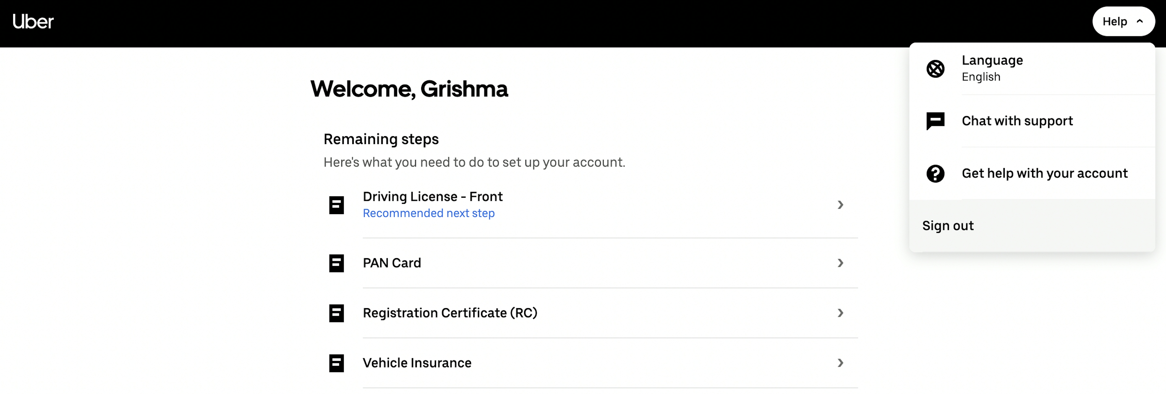Uber Chat Support during driver onboarding