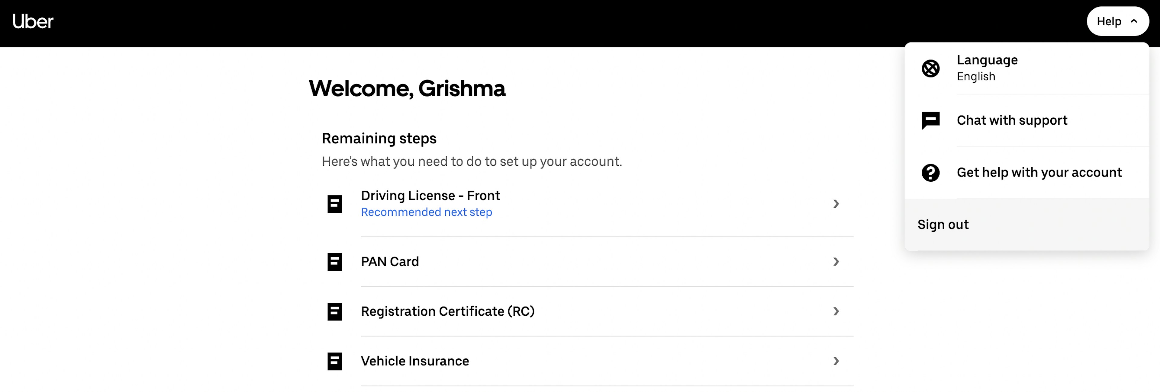 Uber Chat Support during driver onboarding