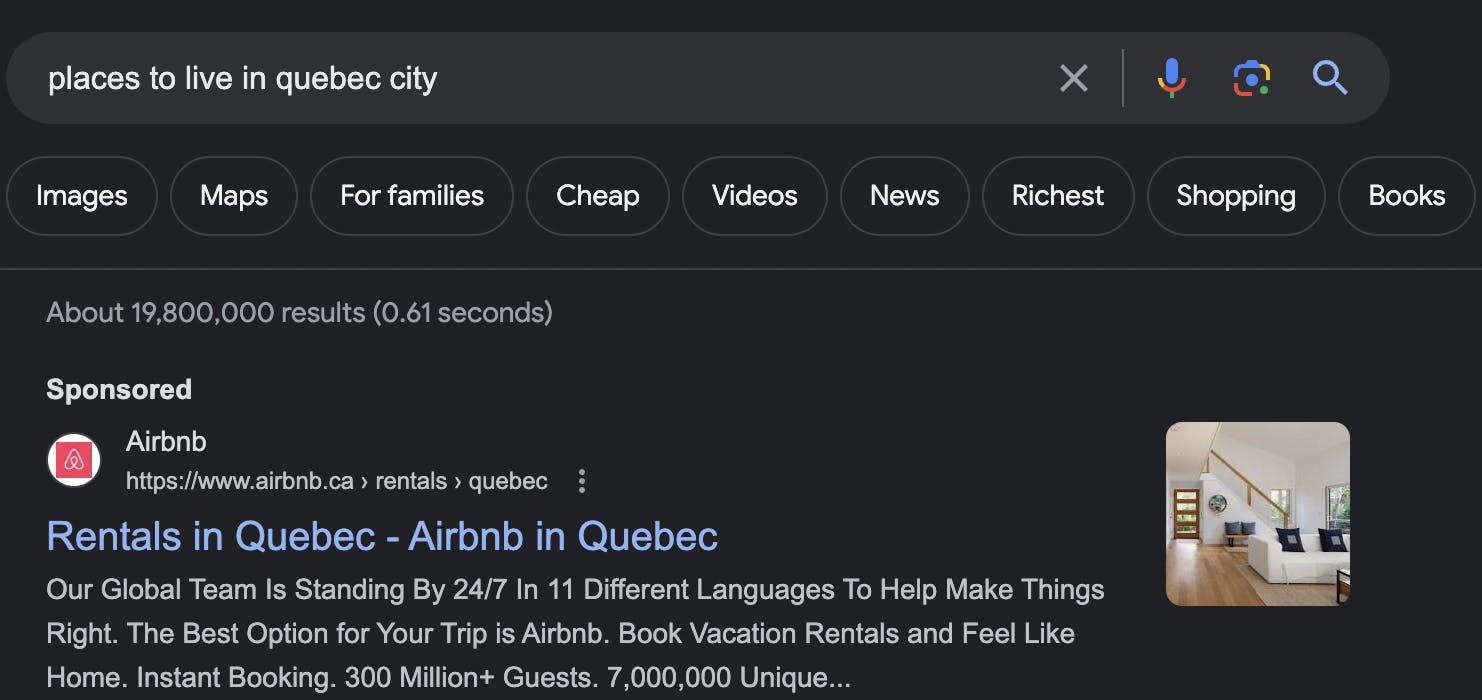 Google Ads Screenshot for Airbnb