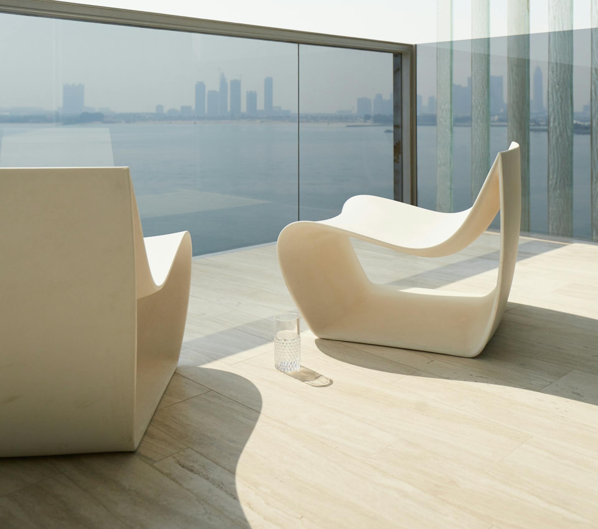 Outdoor living room on a terrace with a sea view