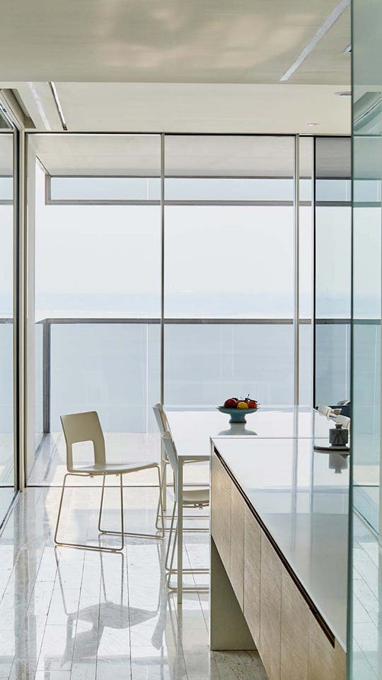 Sunny contemporary interior with bay windows