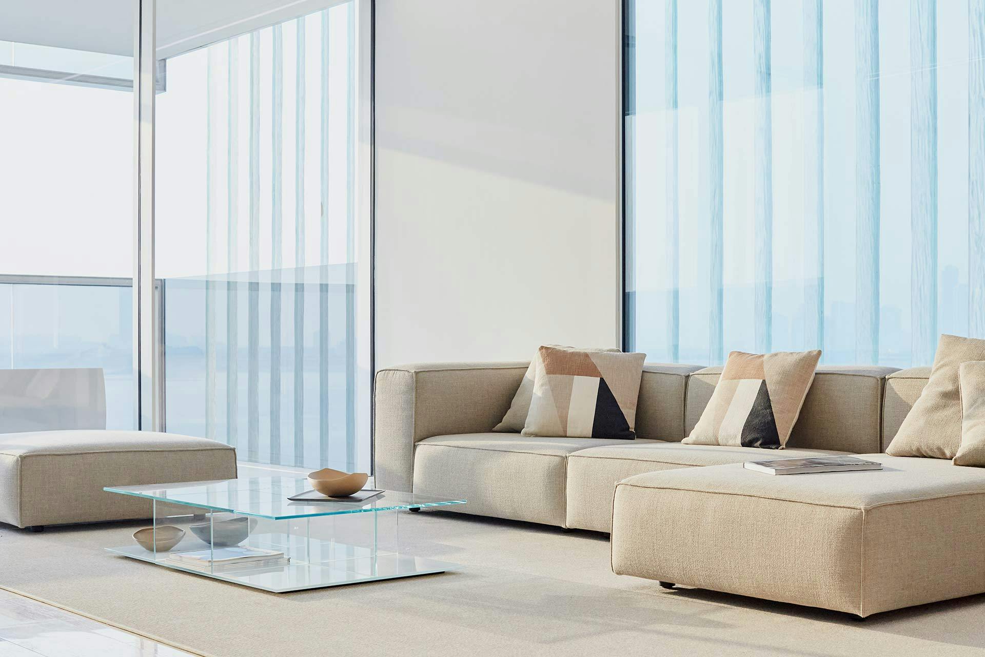 Sunny design living room with bay windows