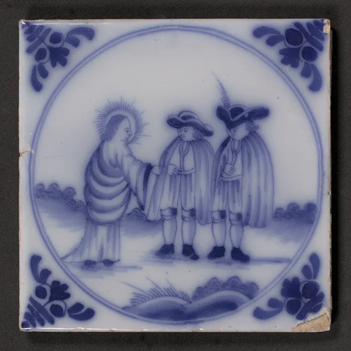 Christ and Two Men in Contemporary Dress depicted on a delftware tile
