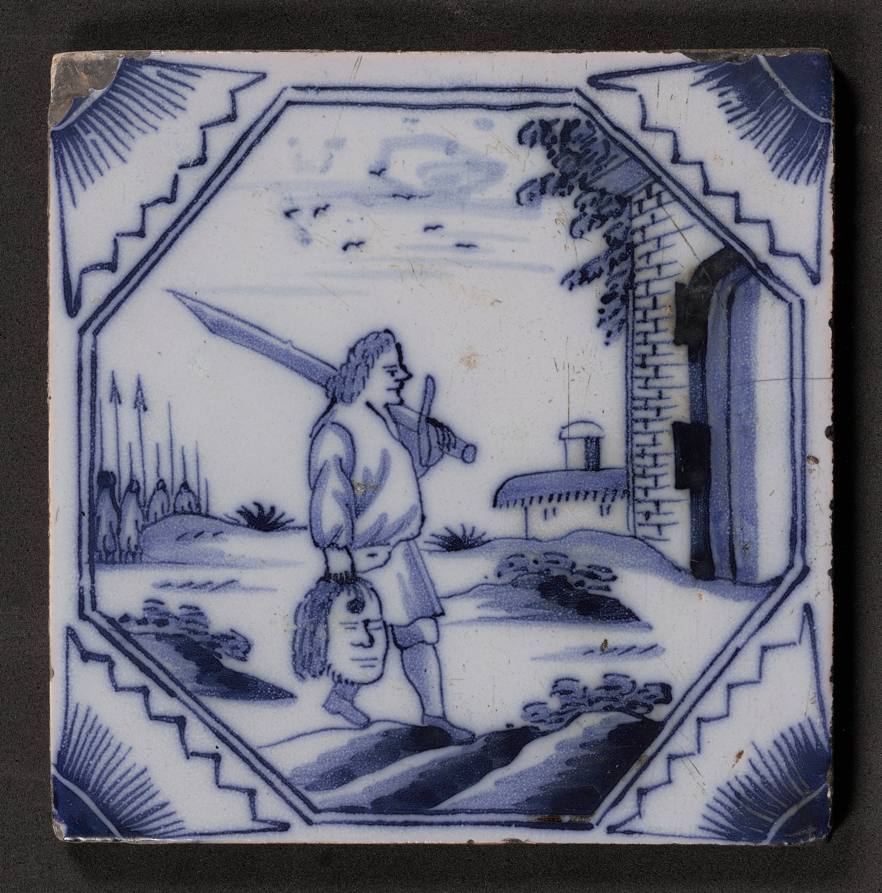 David Carrying the Head of Goliath depicted on a delftware tile