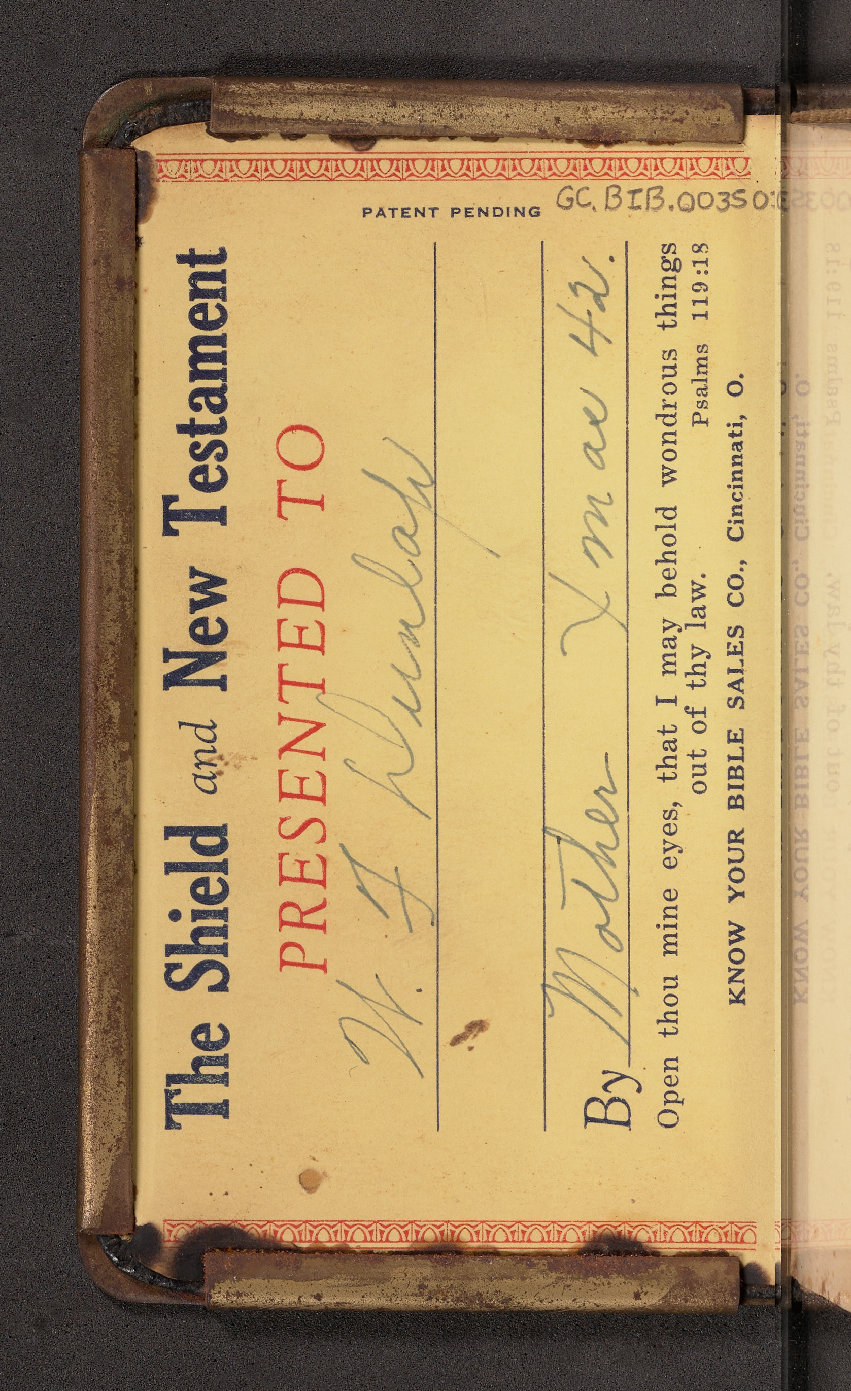 Title page of a Heart Shield Bible, given to a soldier by his mother.