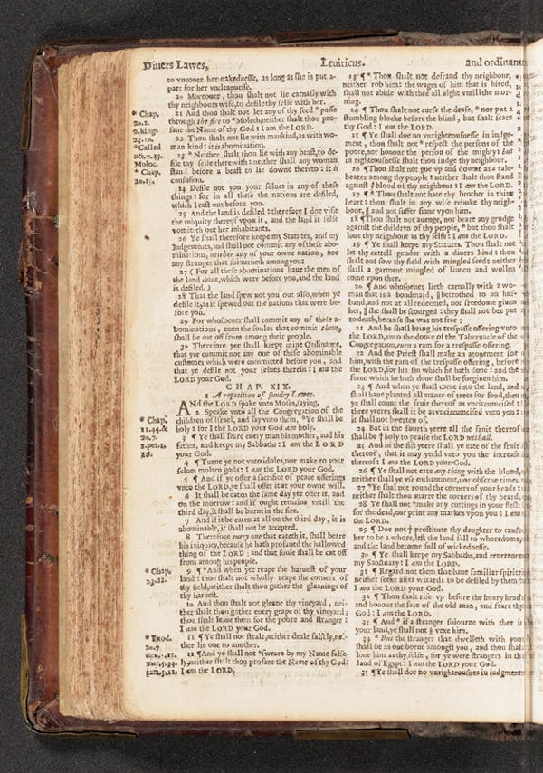 The Wicked Bible, open to Exodus 20 and Leviticus 19.