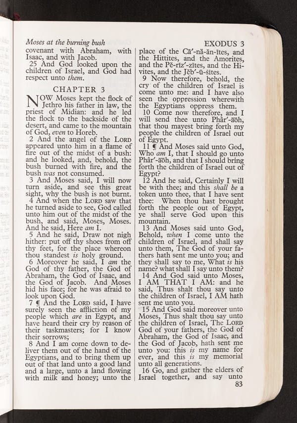 The Corrie ten Boom Bible open to Exodus 3, which recounts God calling Moses to return to Egypt.