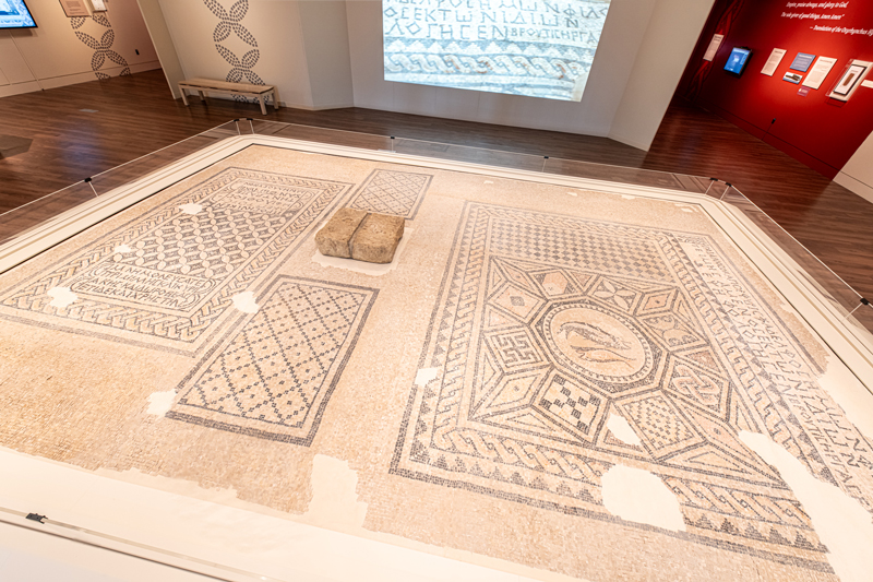 The Megiddo Mosaic on display in Museum of the Bible’s special exhibit, The Megiddo Mosaic: Foundations of Faith, open through July 6, 2025.