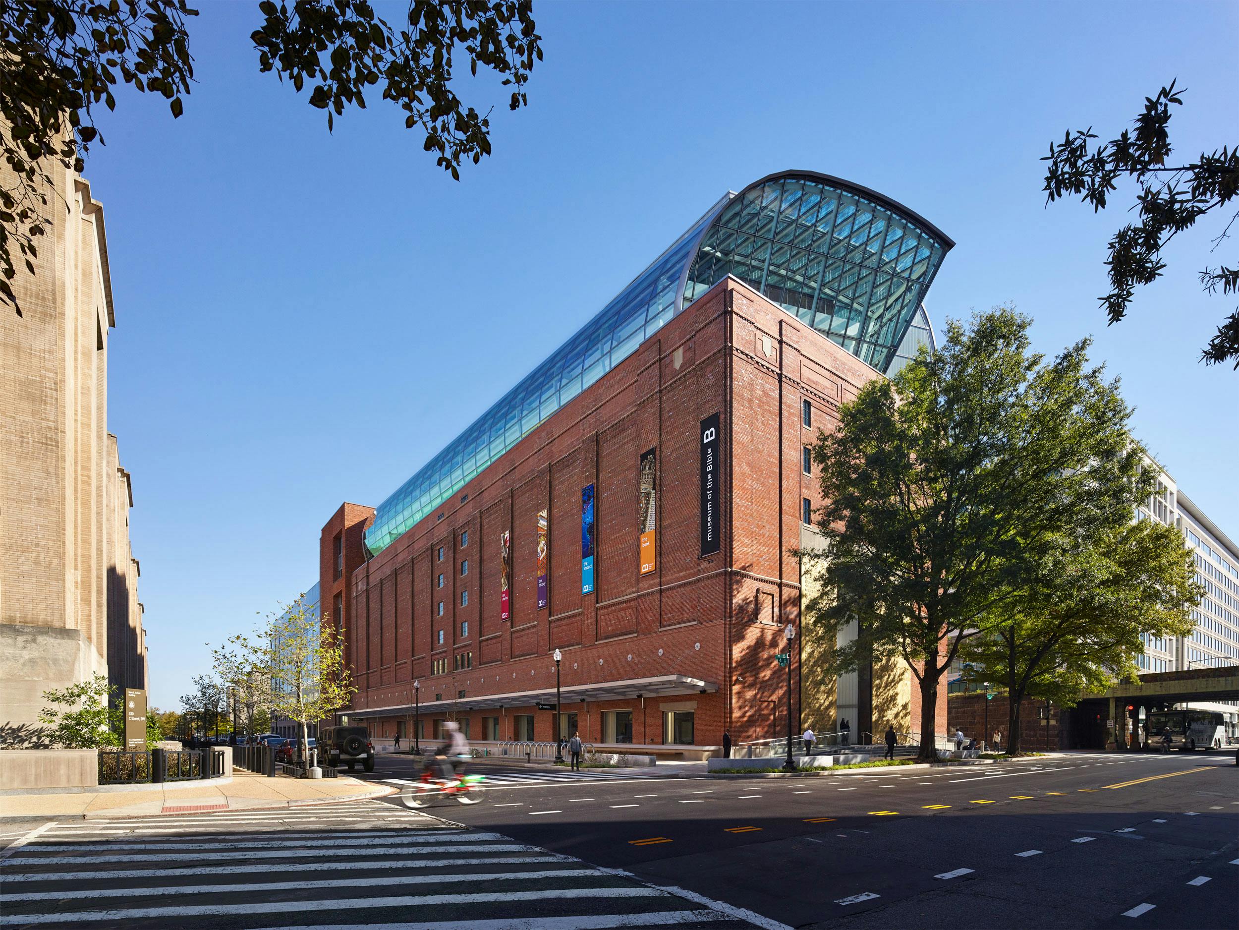 Exterior daytime view of Museum of the Bible from the corner of 4th Street SW and D Street SW in Washington, D.C.