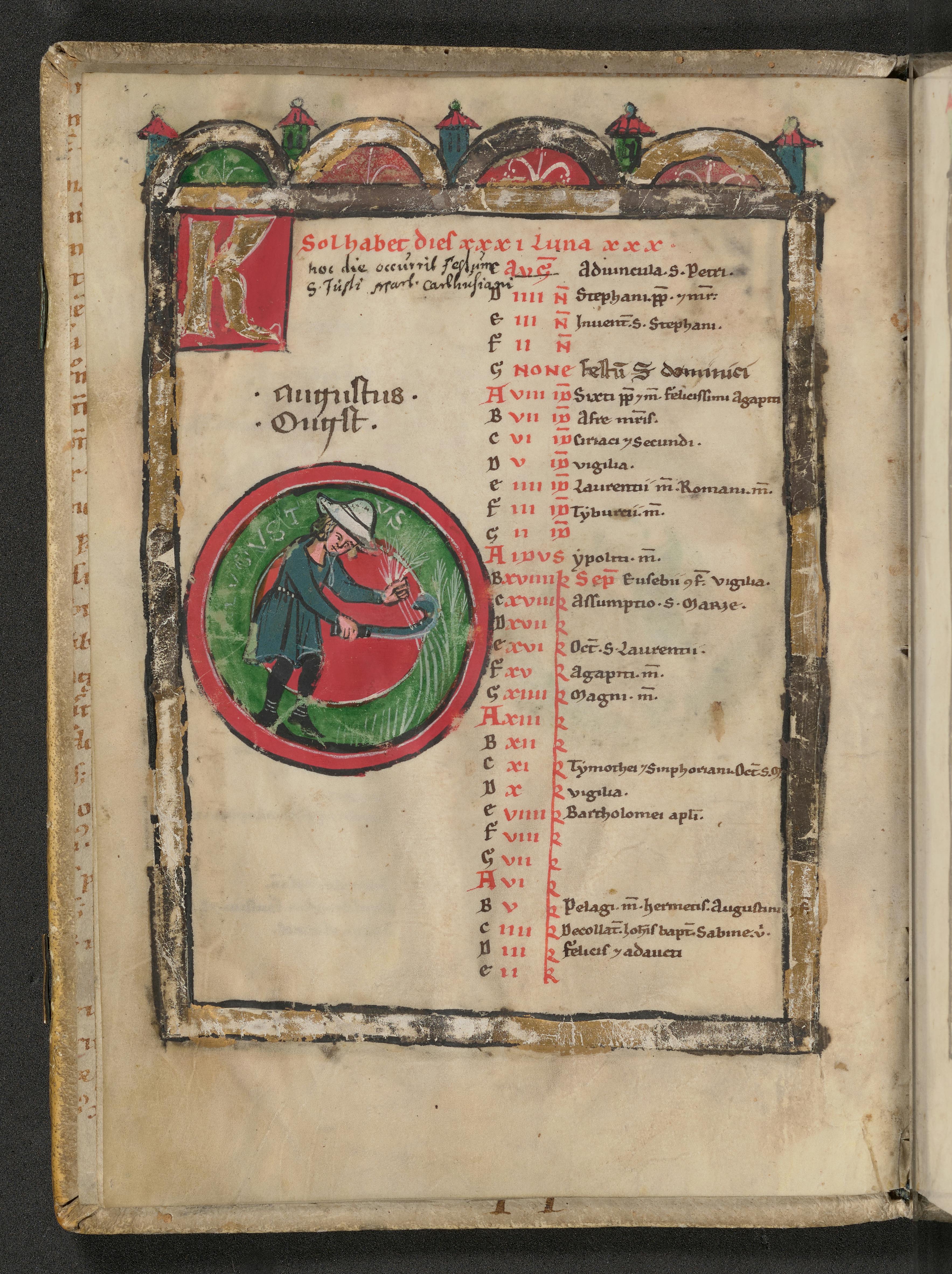 Buxheim Psalter, calendar page, showing a large roundel in the middle of the page shows a labor of the month.
