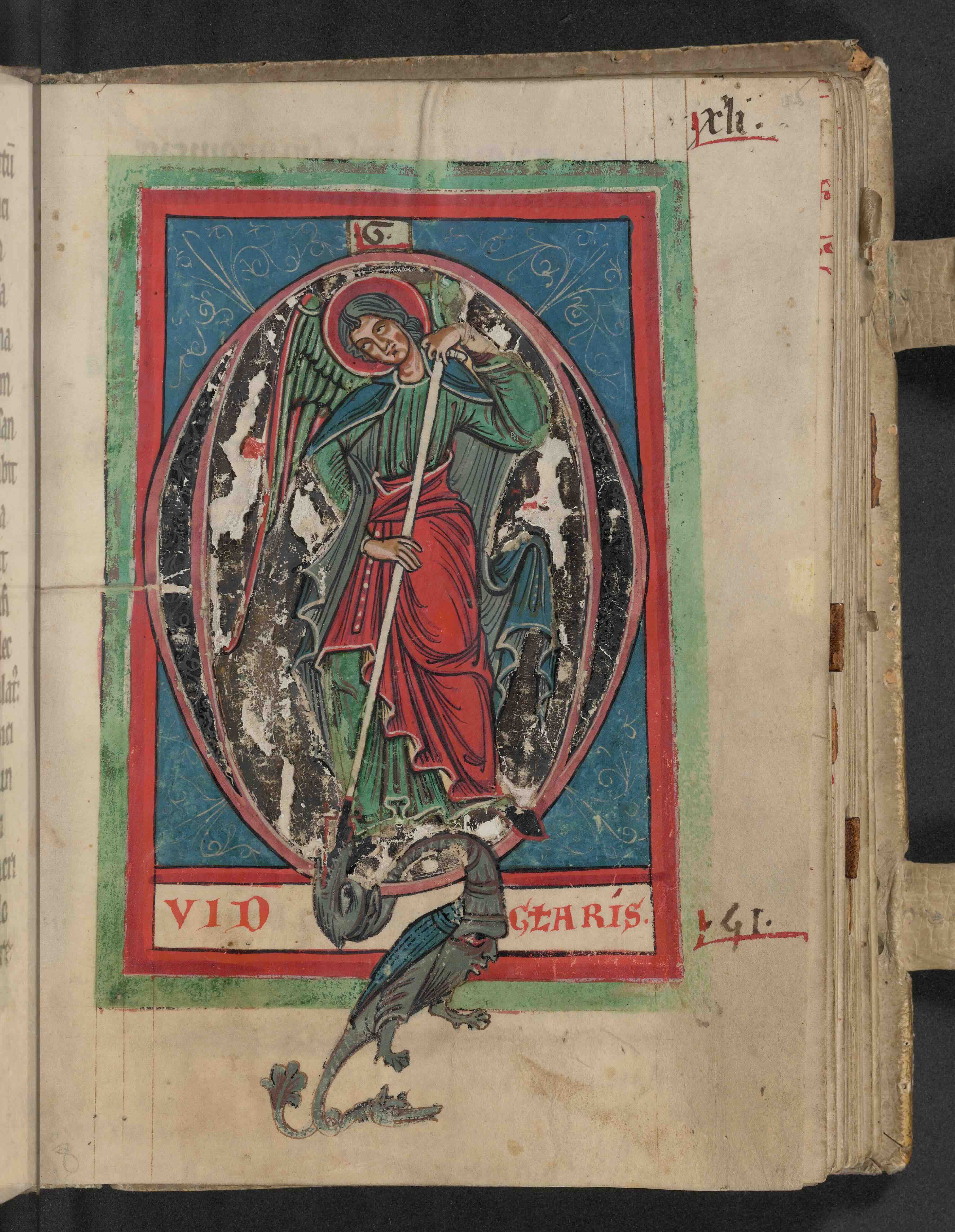 Buxheim Psalter, Psalm 51, depiction of St. Michael standing within the initial Q and piercing the dragon with a lance.