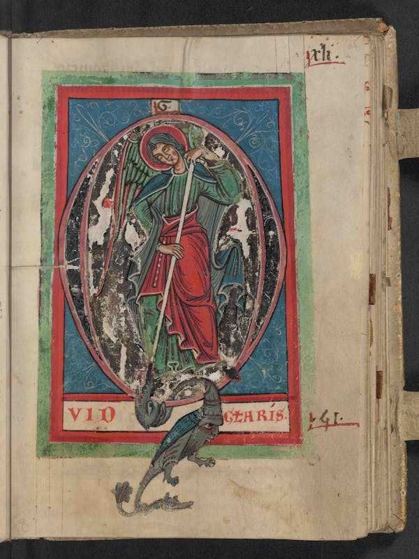 Buxheim Psalter, Psalm 51, depiction of St. Michael standing within the initial Q and piercing the dragon with a lance.