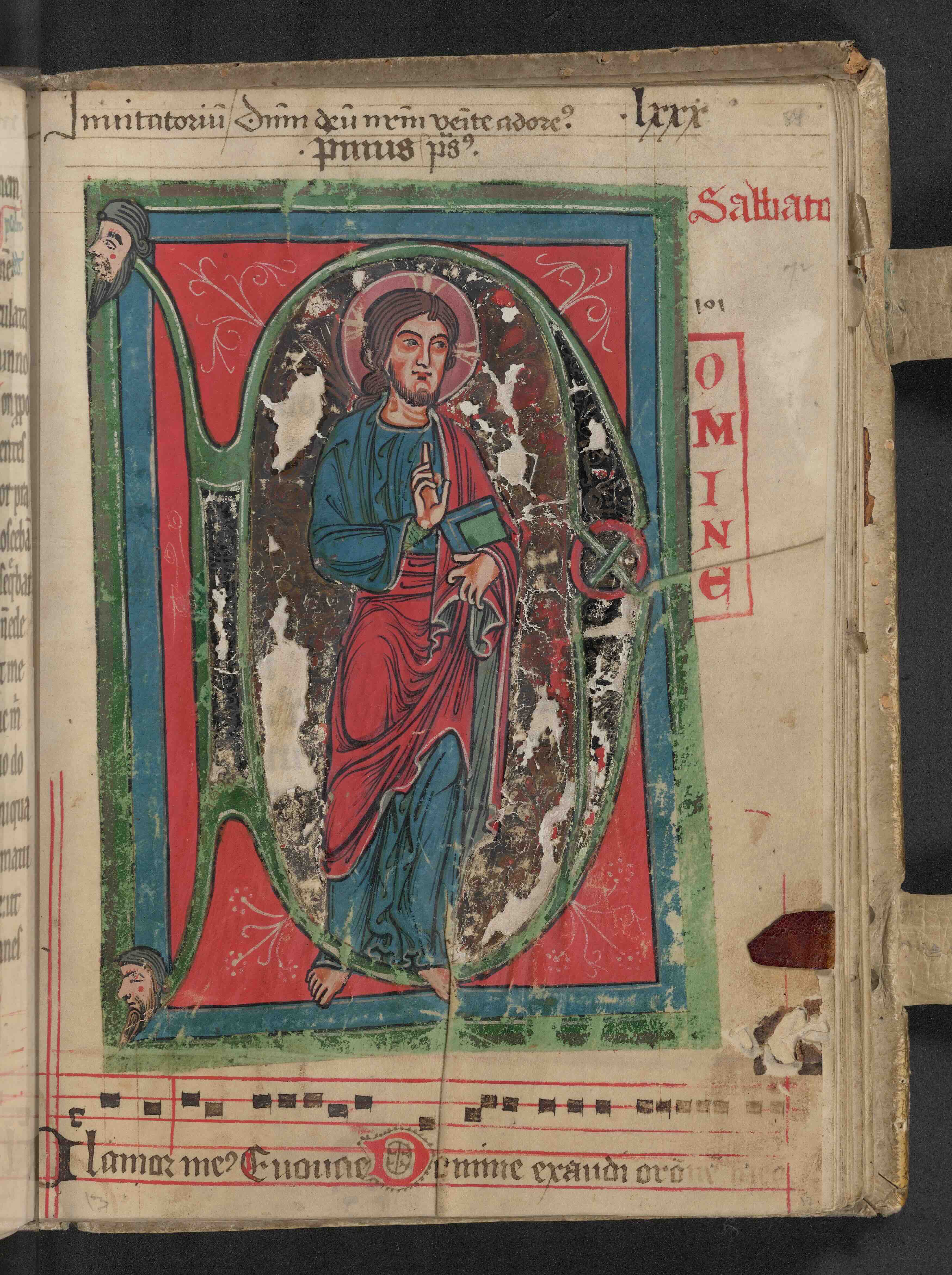 Buxheim Psalter,  image before Psalm 101, featuring Jesus standing with his right hand raised in blessing and left hand holding a book in the fold of his robe.
