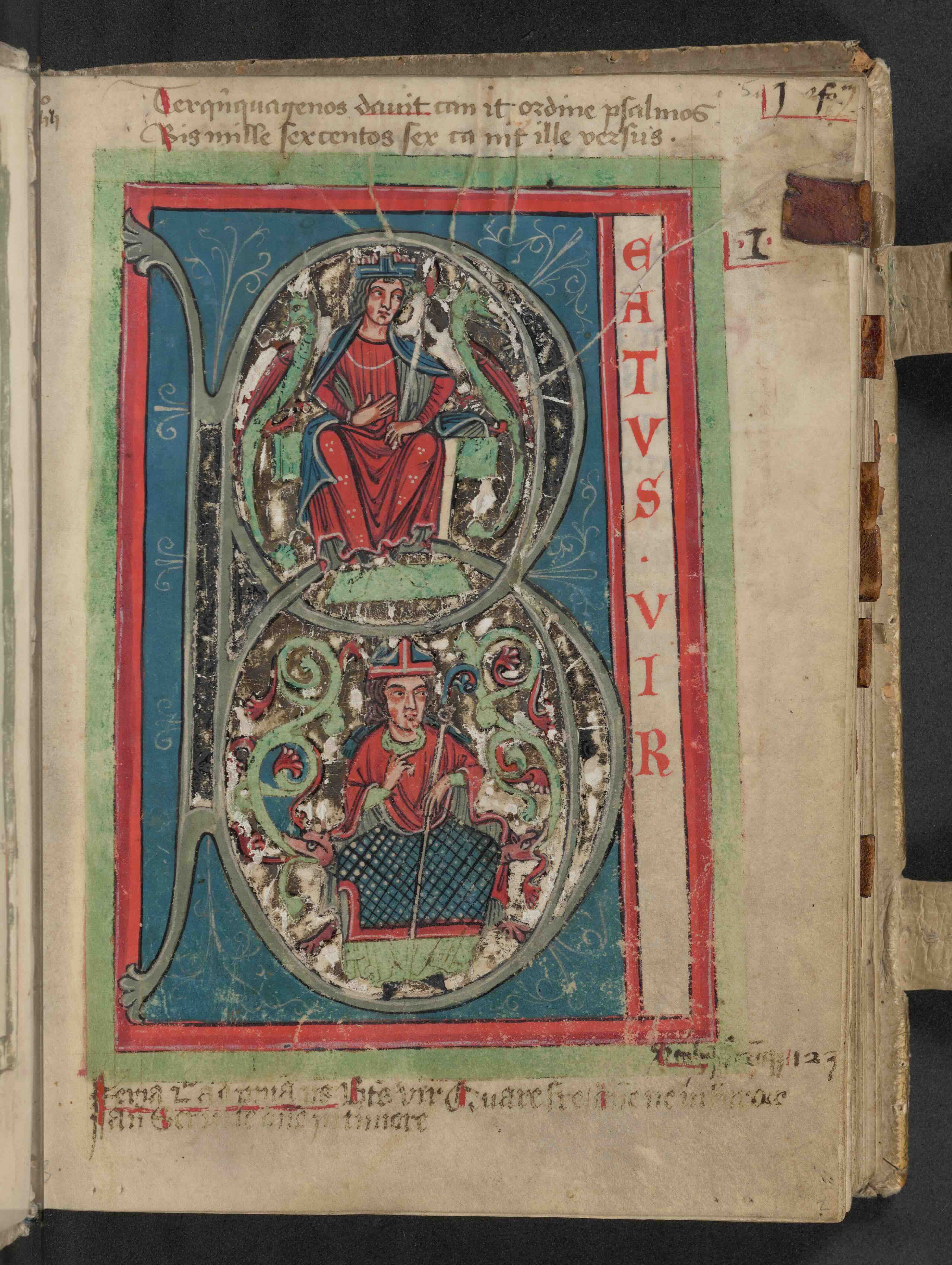 Buxheim Psalter, full-page initial of Psalm 1, featuring two crowned figures within the letter