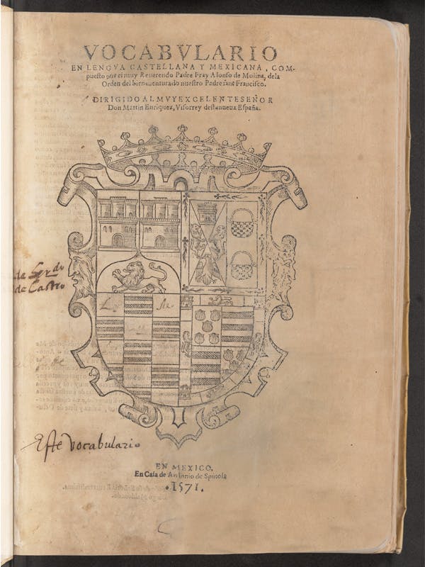 Title page with prayers in Vocabulario en Lengua Castellana y Mexicana.