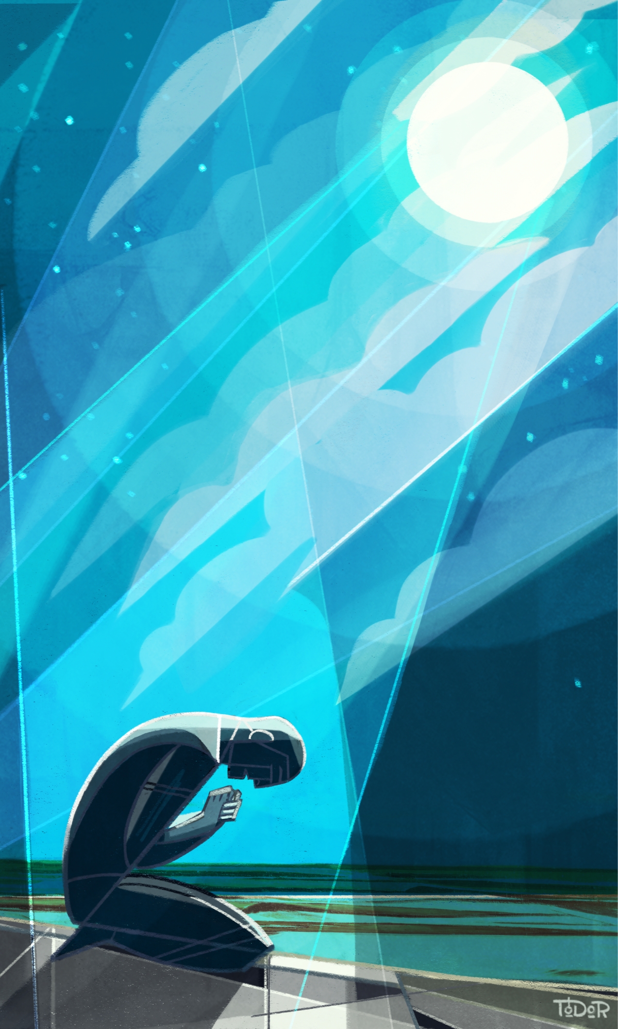 Stylized geometric art depicting a kneeling martyr.