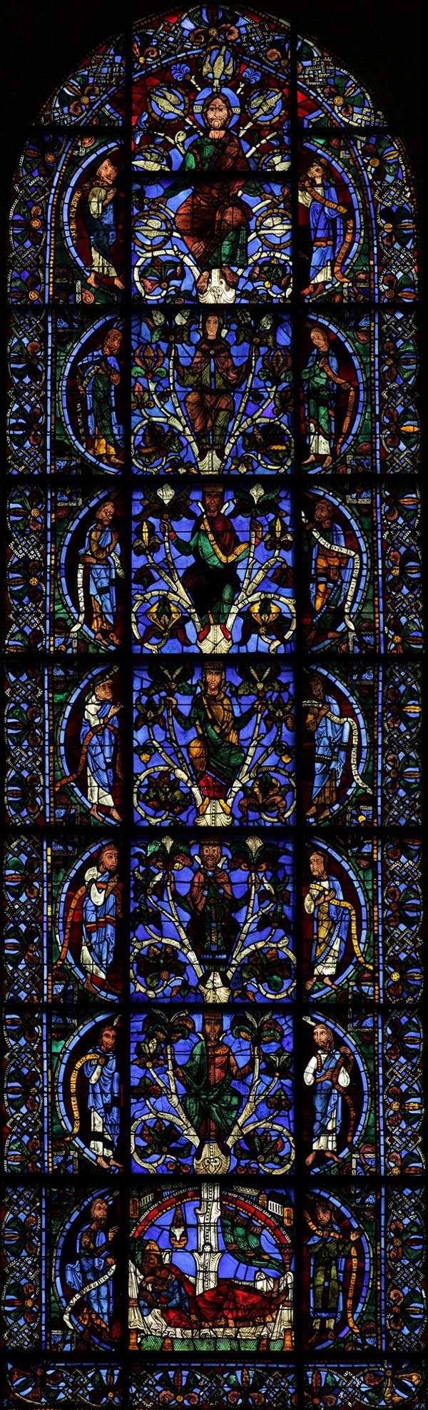 This design was often seen in stained glass windows of European cathedrals—one of the most beautiful depictions is in the Cathedral of Our Lady of Chartres in Chartres, France.