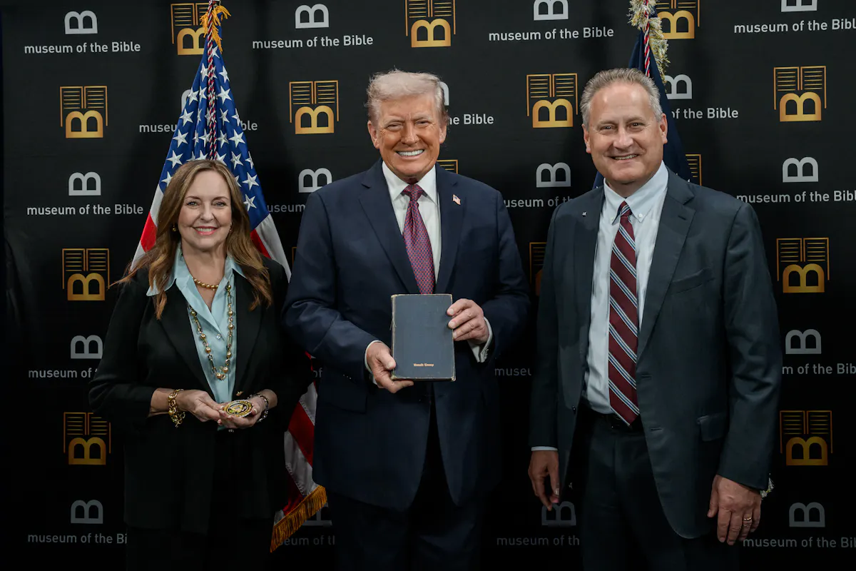 Jackie Green, President Trump, and Steve Green.