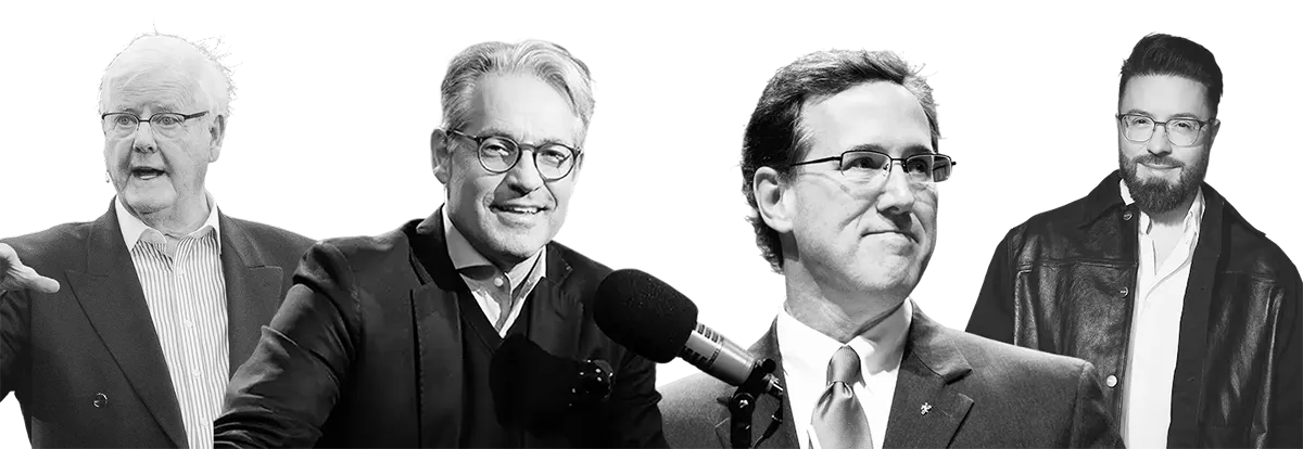 Head shots of event speakers: Os Guinness, Eric Metaxas, Rick Santorum, Danny Gokey.