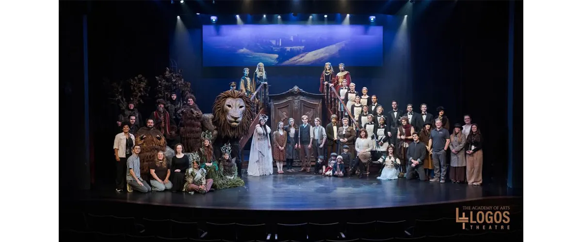 Group photo of the cast for Logos Theatre's The Lion, the Witch, and the Wardrobe at the World Stage Theater in 2025.