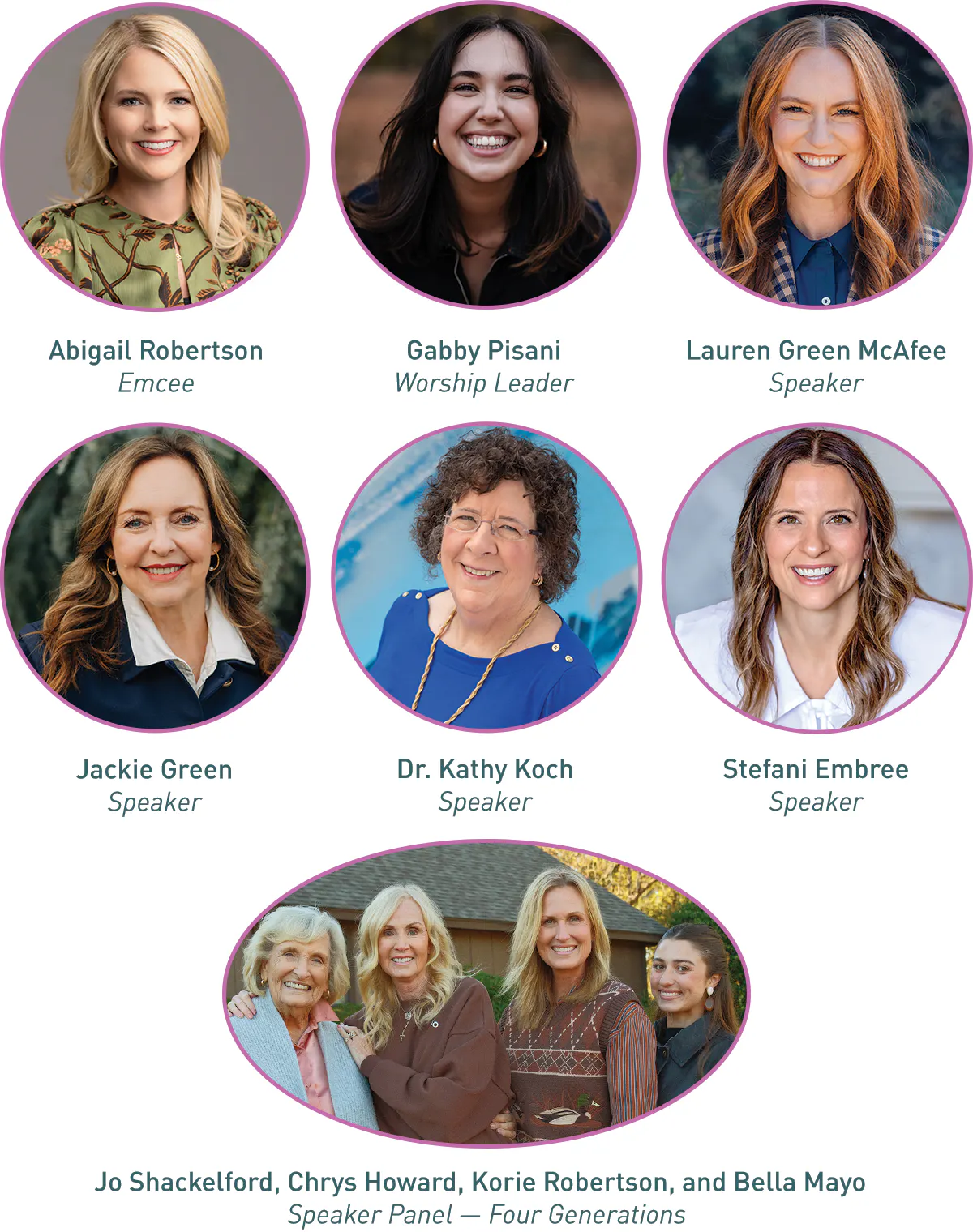 Presenters and speakers for Women of Legacy Foundations 2026: Abigail Robertson, Emcee; Gabby Pisani, Worship Leader; Lauren McAfee Green, Speaker; Jackie Green, Speaker; Dr. Kathy Koch, Speaker; Stefani Embree, Speaker; Jo Shackelford, Chrys Howard, Korie Robertson, and Bella Mayo, Speaker Panel — Four Generations.