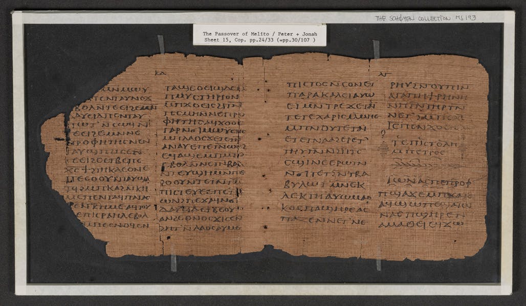 Figure 3: The Crosby-Sch&oslash;yen Codex. Folio on left: Melito of Sardis, Peri Pascha 59&ndash;62; folio on right: 1 Peter 5:12&ndash;13, Jonah 1:1