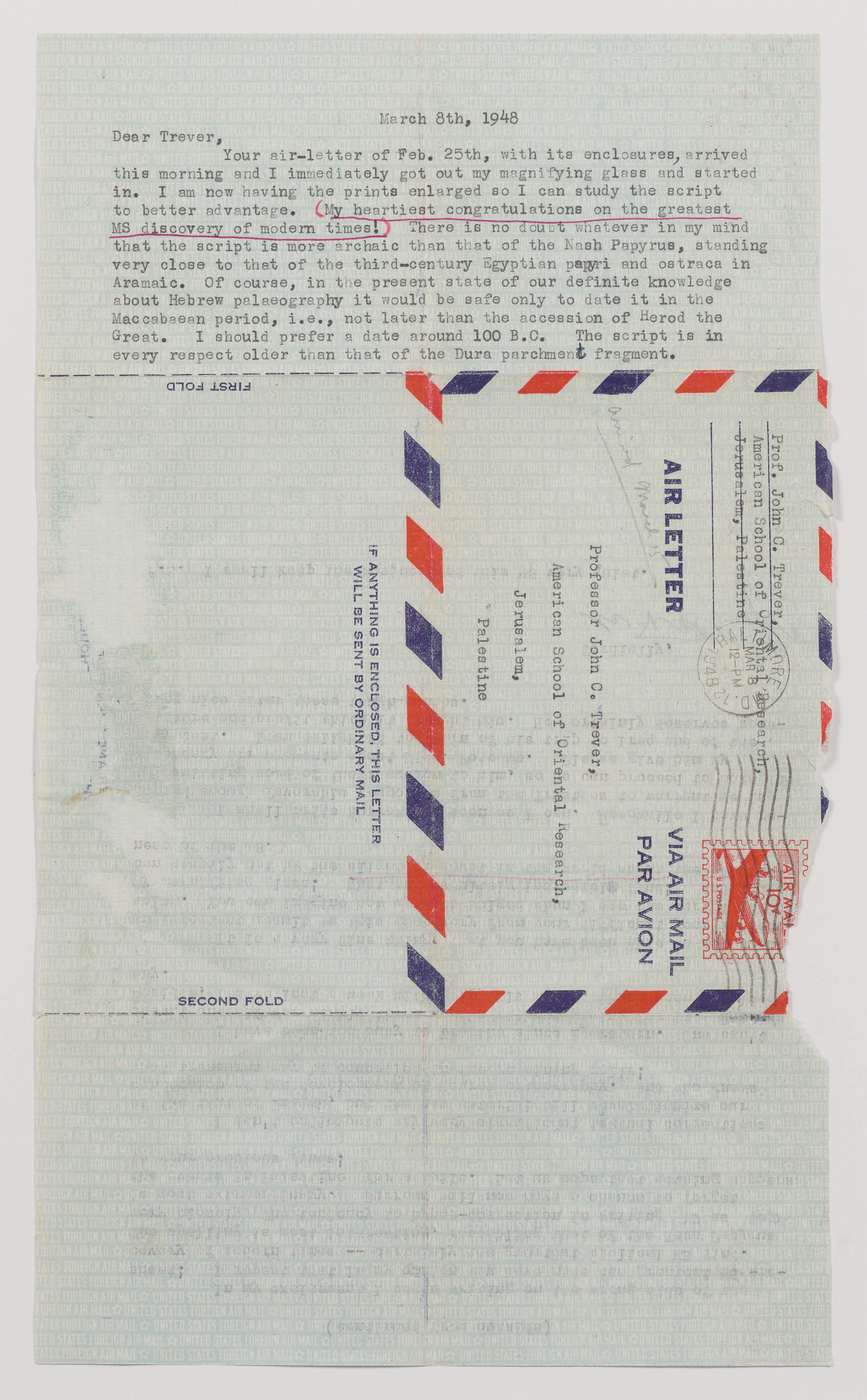 Front of letter from William F. Albright to John C. Trever