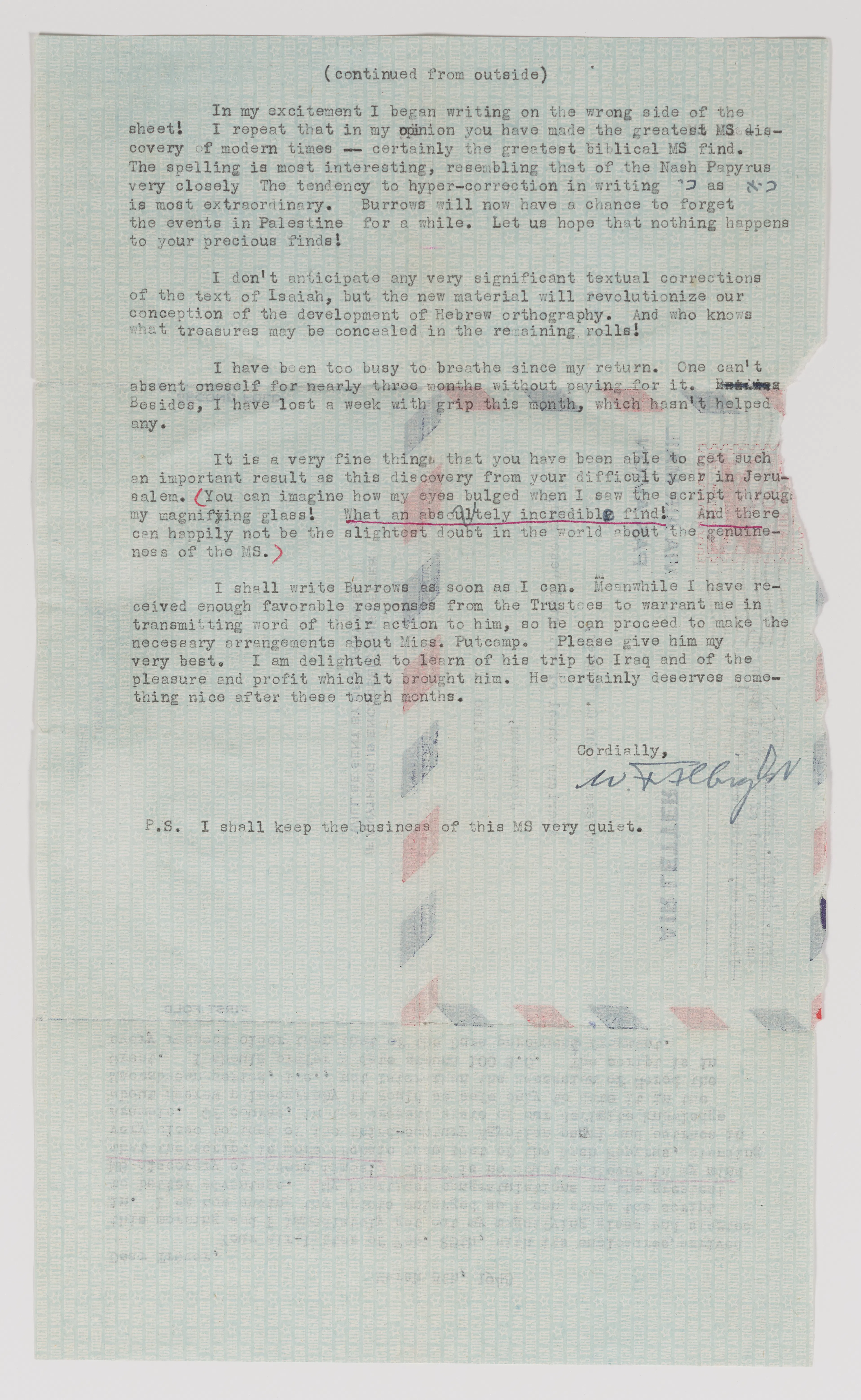 Back of letter from William F. Albright to John C. Trever