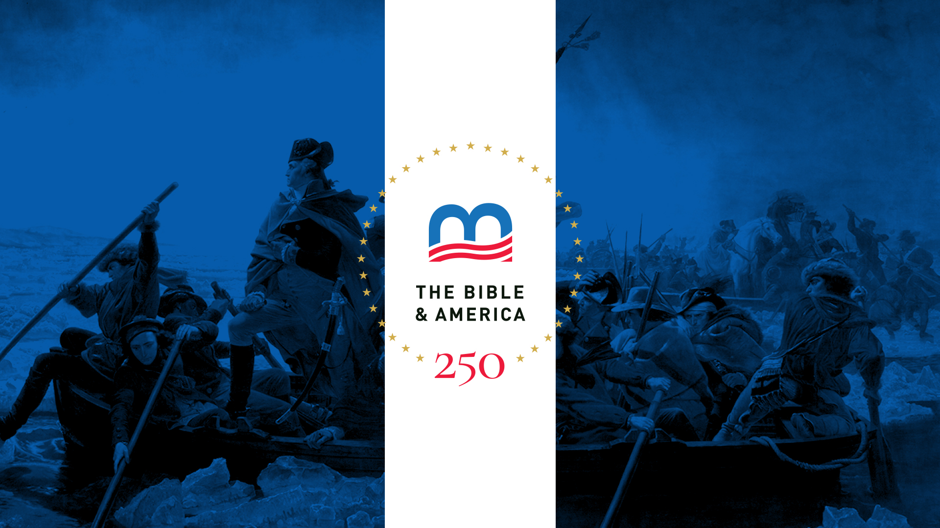 Image of people on boats with a blue overlay. A white stripe overlays the whole image with "The Bible & America 250" stated on the white stripe.