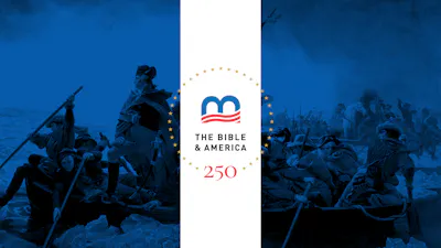Image of people on boats with a blue overlay. A white stripe overlays the whole image with "The Bible & America 250" stated on the white stripe.