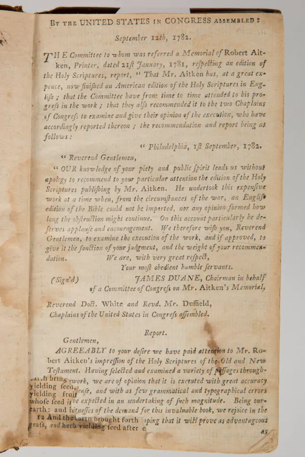 This is one of two pages that contains the report of two chaplains of Congress, Rev. William White and Rev. George. Duffield, on the accuracy of the translation and the excellence of the printing