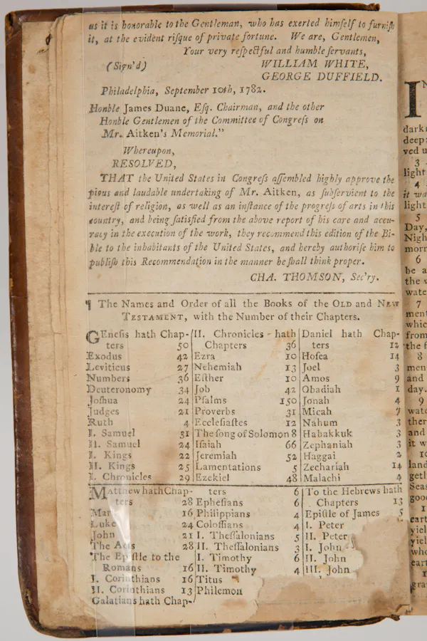 This is one of two pages that contains the report of two chaplains of Congress, Rev. William White and Rev. George. Duffield, on the accuracy of the translation and the excellence of the printing. Congress&rsquo;s recommendation is found in the final paragraph, above the list of biblical books.