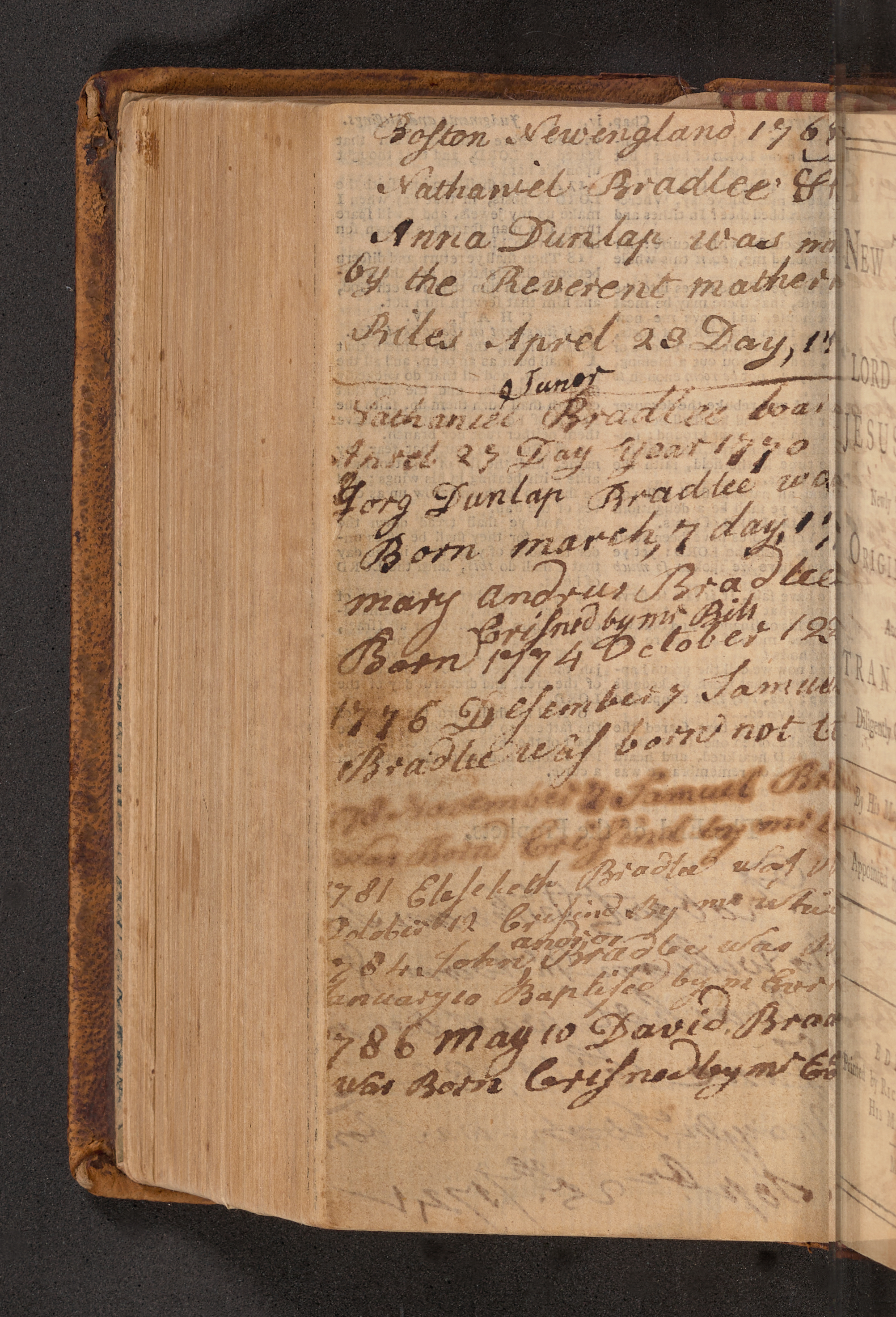 The inside of the Bradlee Bible; this page shows inscriptions from the owners