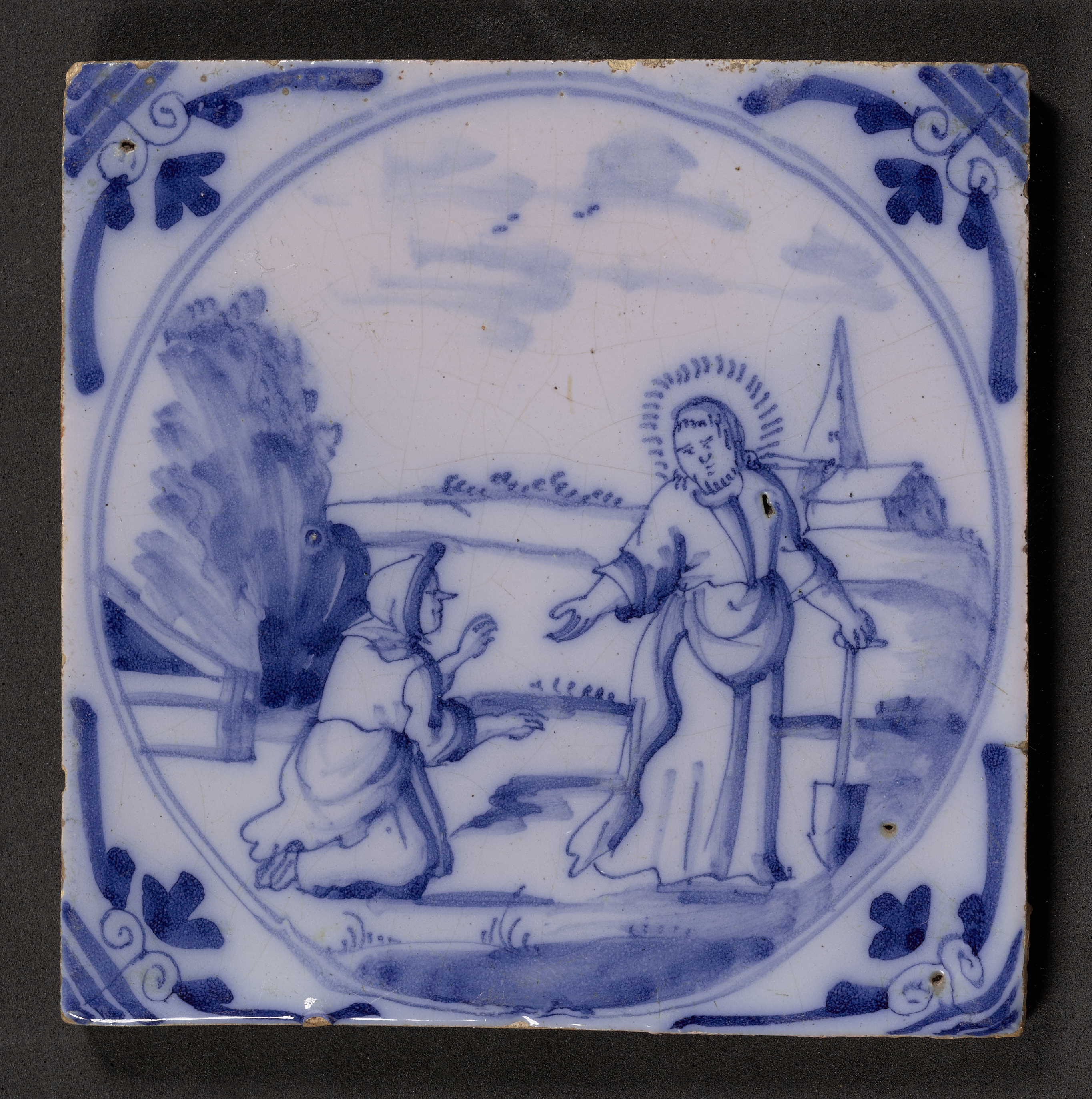Christ Appearing to Mary Magdalene depicted on a delftware tile