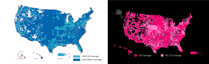 AT&T vs. T-Mobile 5G coverage maps. As Verizon has opted to roll out in select cities only, it makes sense that they opted out of providing a similar visual model.