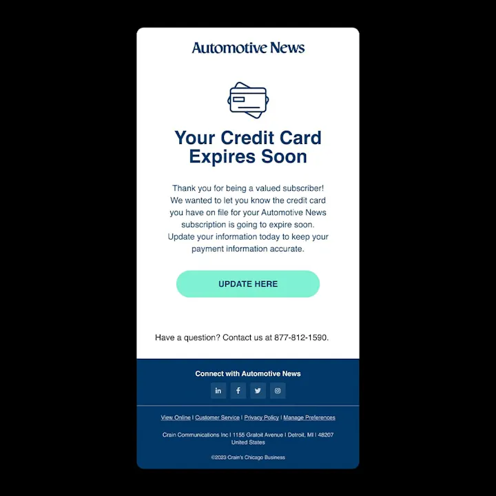 Automotive News subscriber email MVR designed for Crain Communications, with an Update here button