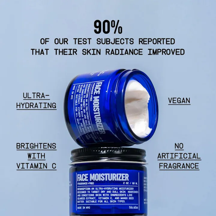 Blu Atlas face moisturizer call-out ad with ingredient benefits