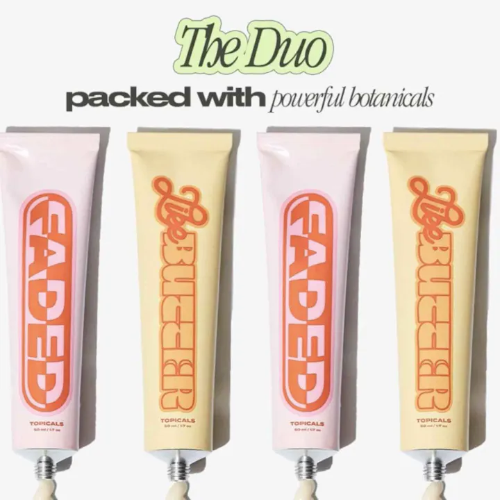 Topicals Faded Duo product ad with 4 tubes on a cream background