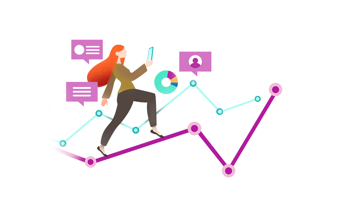 Graphic illustration of woman walking up a spike trend