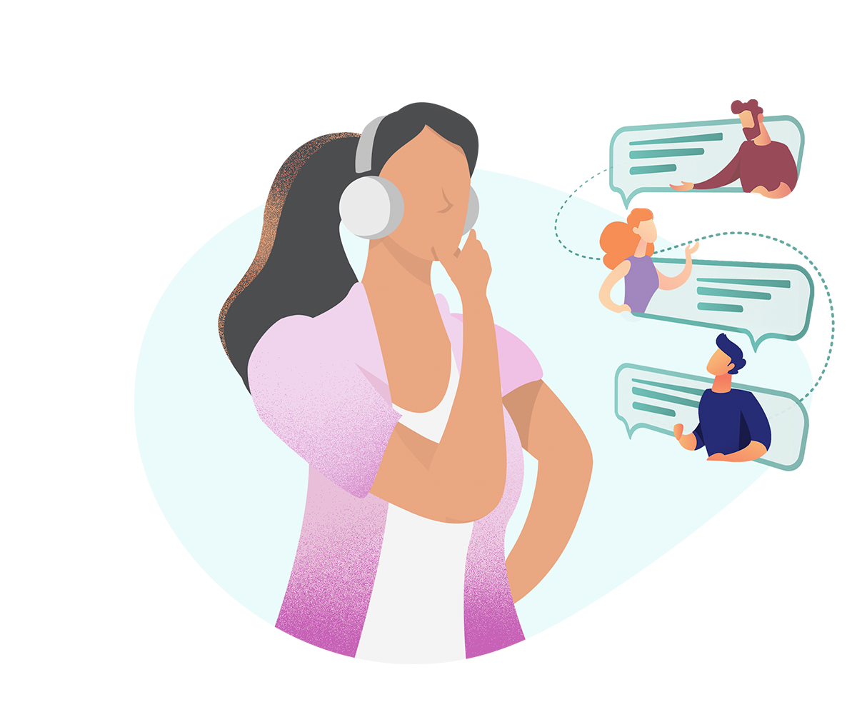 Meltwater icon of a woman with headphones listening to conversations on social media