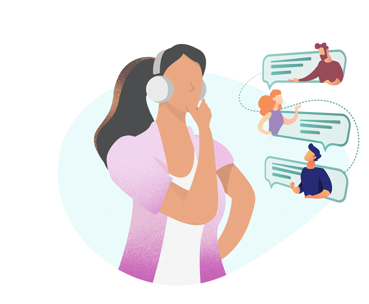 Meltwater icon of a woman with headphones listening to conversations on social media