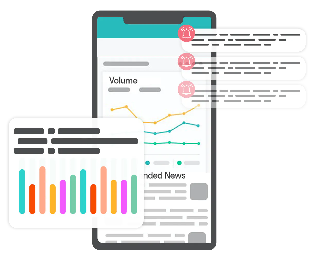 Graphic illustration of mobile phone alerts for media data