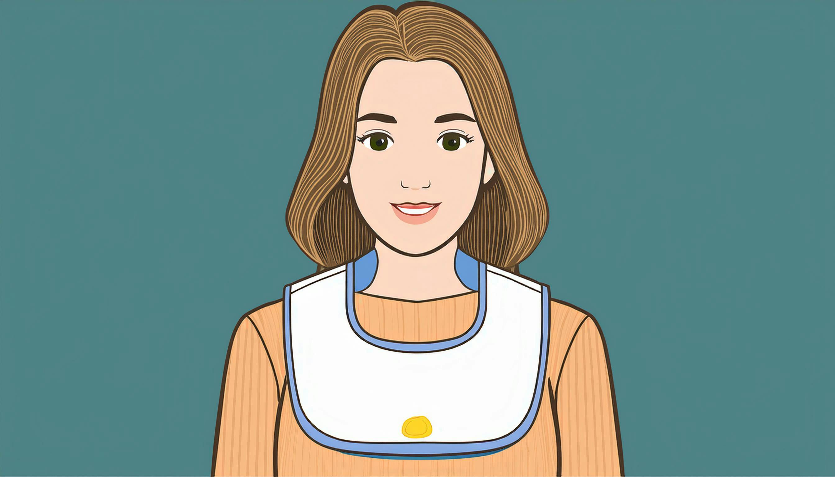 A young woman wearing an adult bib.